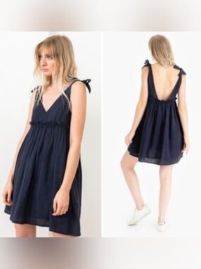 100% Organic Linen Tribe Alive Navy Blue Dress Size Small